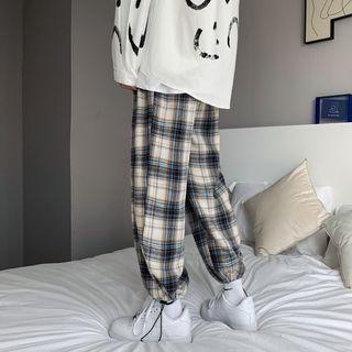 Plaid Drawstring-cuff Loose Fit Pants