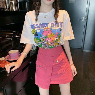 Cartoon Dinosaur Print T-shirt / Mini A-line Skirt