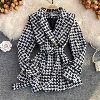 Houndstooth Woolen Coat With Sash