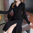Long-sleeve V-neck Plain Slit Knit Dress