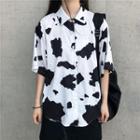 Elbow-sleeve Cow Print Shirt As Shown In Figure - One Size
