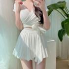 Set: Short-sleeve Tie-front Swim Top + Swim Skirt