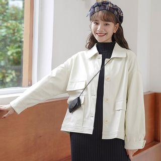 Faux Leather Collared Single-breasted Jacket