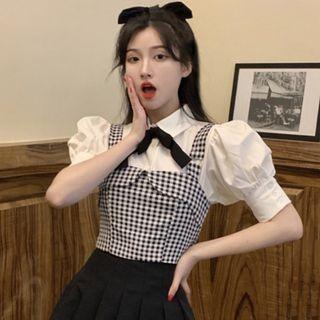 Puff-sleeve Plain Blouse / Plaid Tank Top / High-waist Plain Pleated Skirt
