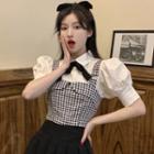 Puff-sleeve Plain Blouse / Plaid Tank Top / High-waist Plain Pleated Skirt