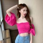 Off-shoulder Puff-sleeve Shirred Crop Top