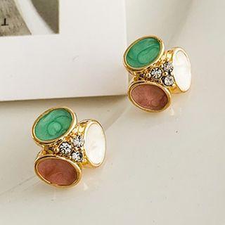 Rhinestone Geometric Stud Earring 1 Pair - Gold & Green & Brown & White - One Size