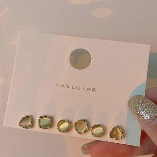 3 Pair Set: Cat Eye Stone Alloy Earring 3 Pair Set - Silver Needle - Gold - One Size