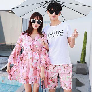Couple Matching Set: Short-sleeve T-shirt + Floral Print Shorts / Bell-sleeve Dress