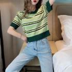 Short-sleeve Heart Embroidered Color Block Knit Top Avocado - One Size