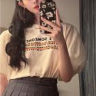 Puff-sleeve Lettering T-shirt Beige - One Size