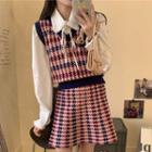 Plaid Knit Vest / Mini A-line Skirt / Long-sleeve Shirt / Set
