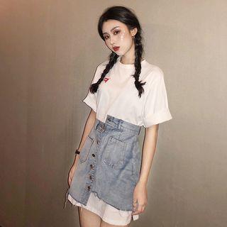 Set: Letter Print Short Sleeve T-shirt Dress + Denim Skirt