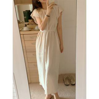 Short-sleeve Tie Waist Midi Dress Almond - One Size