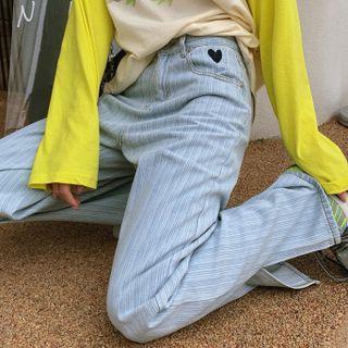 Heart Print Striped High-waist Straight-leg Jeans