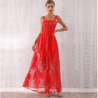 Spaghetti-strap A-line Lace Evening Gown