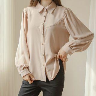 Balloon-sleeve Shirred Textured Blouse