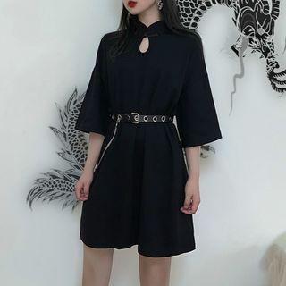 Mandarin Collar Elbow-sleeve Mini T-shirt Dress