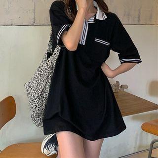 Short-sleeve Collar Contrast Trim Mini T-shirt Dress