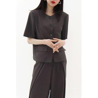 Collarless Short-sleeve Jacket Charcoal Gray - One Size