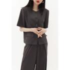 Collarless Short-sleeve Jacket Charcoal Gray - One Size