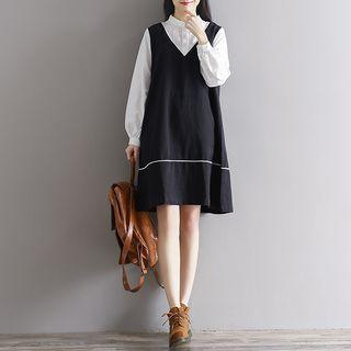 Mock Two Piece Color Panel Band Collar Long Sleeve Dress