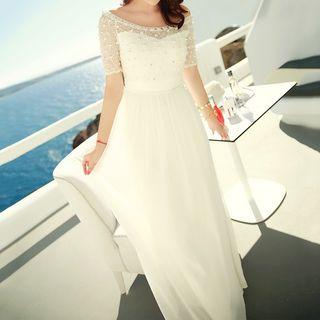Embellished Short-sleeve Maxi Chiffon Dress