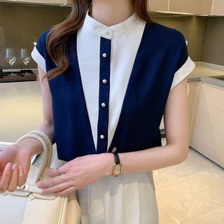 Cap-sleeve Two-tone Faux Pearl Blouse