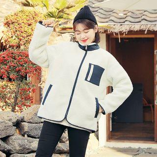 Contrast-trim Faux-fur Jacket Navy Blue - One Size