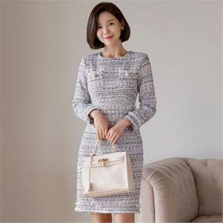 Faux-pearl Trim Tweed Sheath Dress
