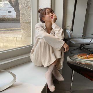 Buttoned Ribbed Long Hoodie Dress