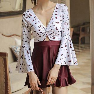 Crescent Print Cut-out Bell-sleeve Swim Dress