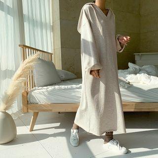 Fray-hem Long Hoodie Dress Oatmeal - One Size