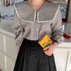 Sailor-collar Lace-trim Gingham Blouse