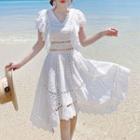 Cap-sleeve Perforated A-line Dress