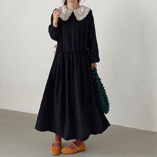 Long-sleeve Drawstring Midi Collared Dress Black - One Size