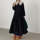 Long-sleeve Drawstring Midi Collared Dress Black - One Size
