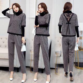 Set: Plaid Panel Long-sleeve Top + Straight Leg Pants