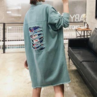 Frayed Trim Long Denim Shirt