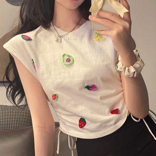 Cap-sleeve Embroidered Drawstring Crop Top