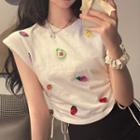 Cap-sleeve Embroidered Drawstring Crop Top
