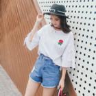 Rose-embroidered Tie-cuff Loose-fit T-shirt