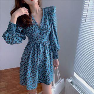 Floral Print V-neck Long-sleeve Slim-fit Dress Blue - One Size