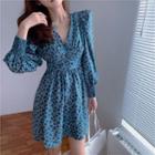Floral Print V-neck Long-sleeve Slim-fit Dress Blue - One Size
