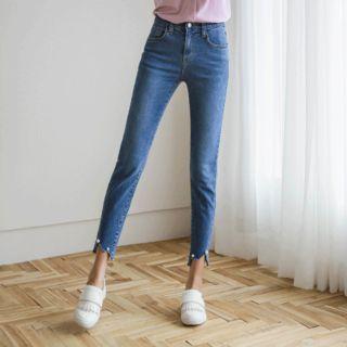 Faux-pearl Beaded Cutout-hem Jeans