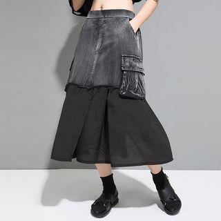 Pocket Detail Chiffon Panel Midi Denim Skirt Black - One Size