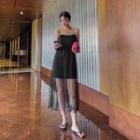 Spaghetti-strap Dotted Tulle-overlay Dress Black - One Size