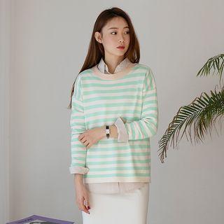 Round-neck Stripe Knit Top Mint Green - One Size