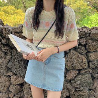 Round-neck Cutout Short-sleeve Knit Top As Shown As Image - One Size