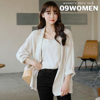 Plus Size Set: Open-front Blazer + Linen Blend Camisole Top